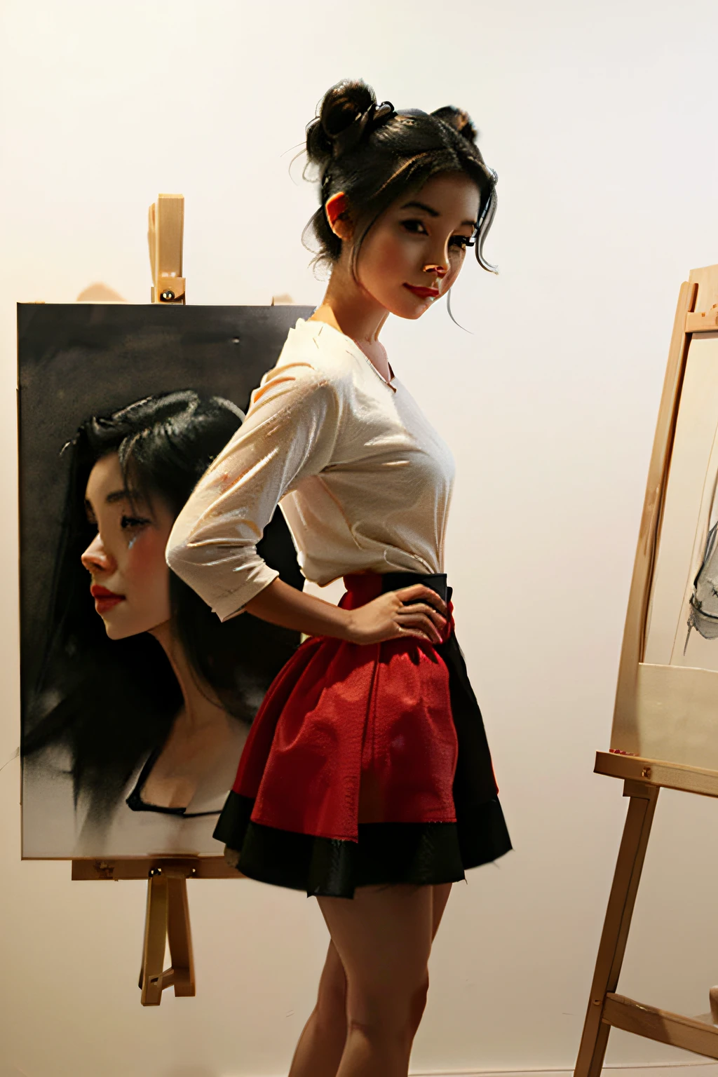 drawing of cute girl with black hair, with cute clothes, red clothes, a cute skirt, and hair with two buns. Drawing,. painting, aquarela