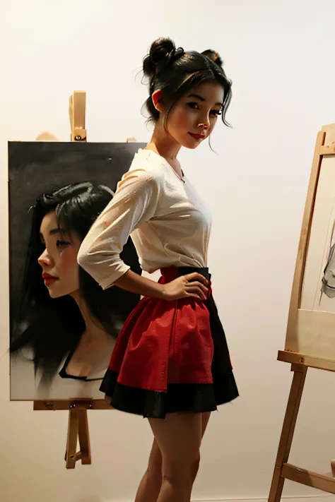 drawing of cute girl with black hair, with cute clothes, red clothes, a cute skirt, and hair with two buns. Drawing,. painting, ...