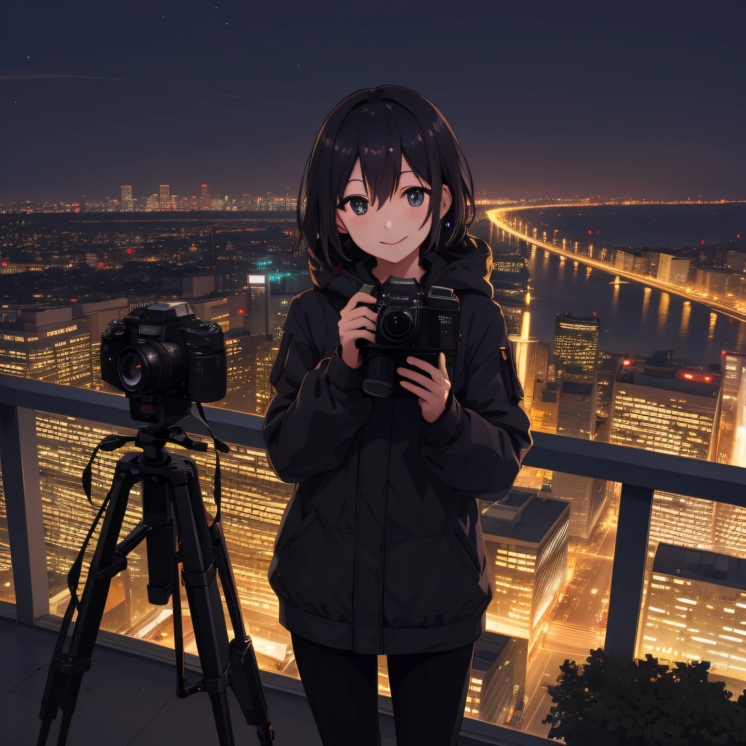 Anime girl taking a picture of a city at night with a camera - SeaArt AI