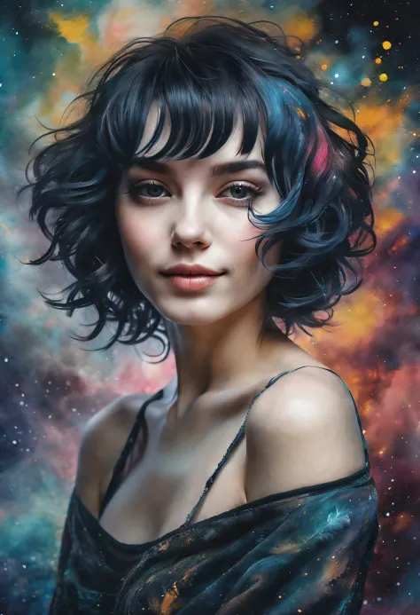 [1Young attractive girl with a mysterious smile, Cute black messy bob hairstyle, baroque:20]:BG[nebula, Covitation] (in the styl...