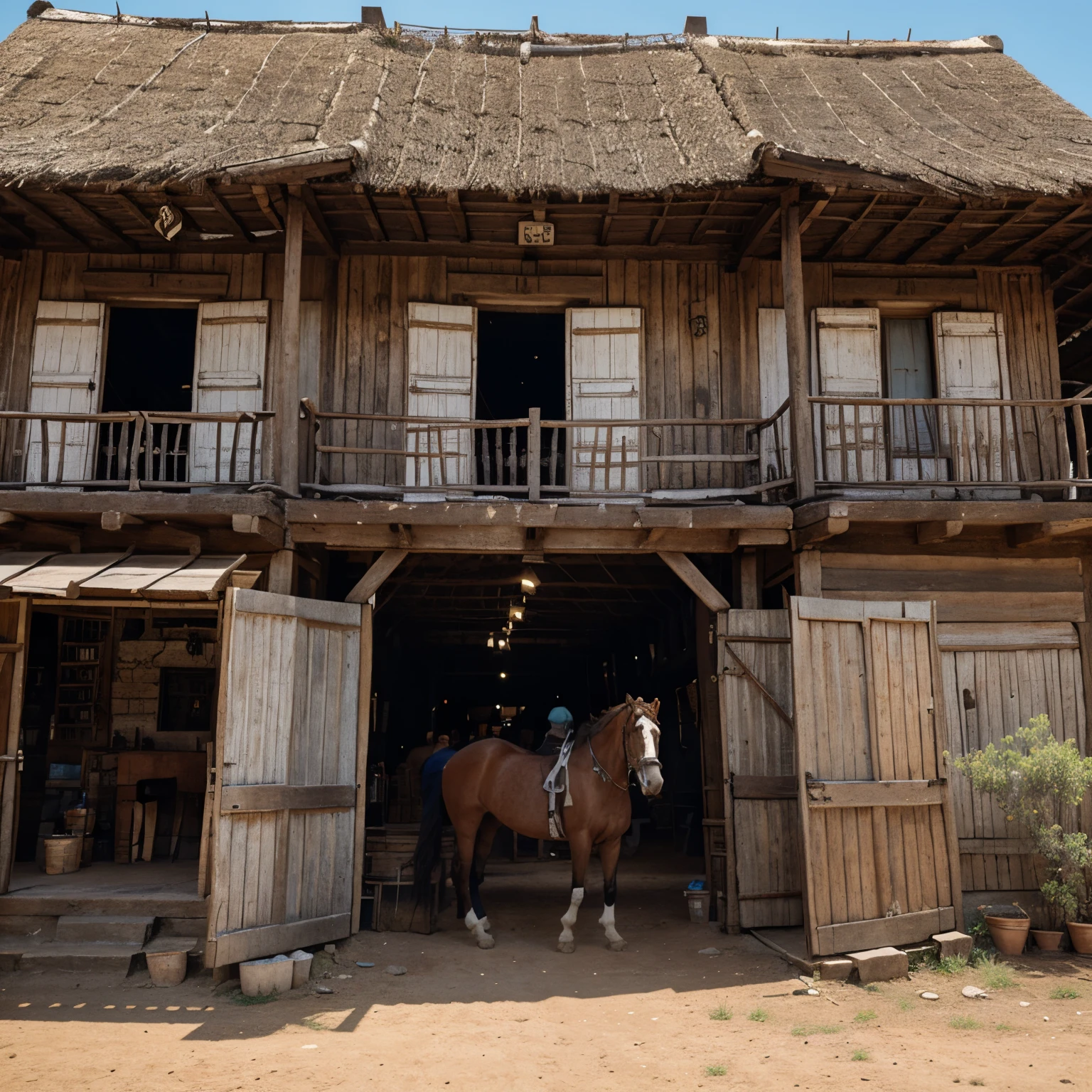 Hay un caballo parado frente a un edificio con techo de paja - SeaArt AI