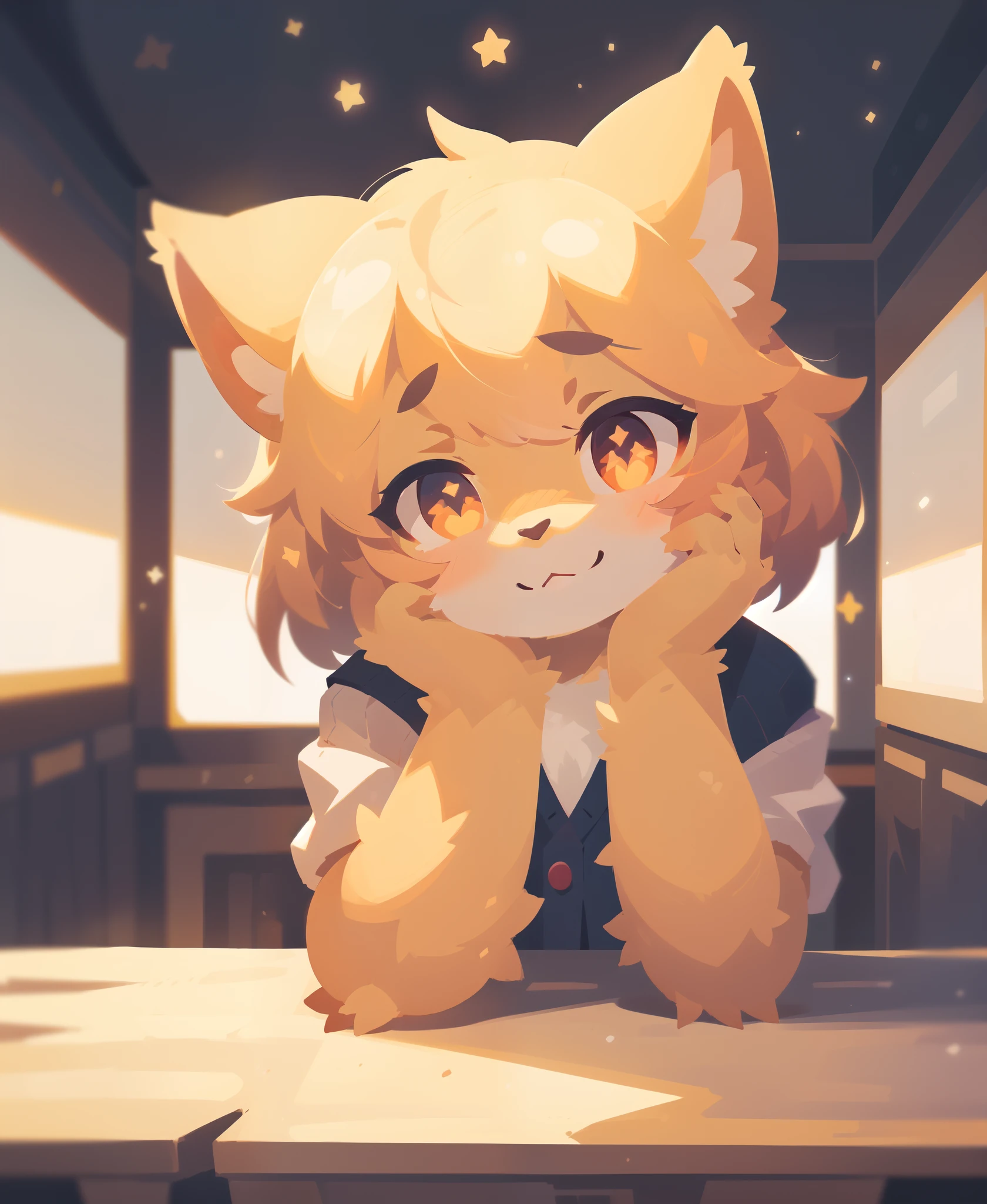 1girl, solo, table, star eyes, cardigan, bow, star shaped pupils, looking at viewer, smile, a hand on face, short hair, (best quality, masterpiece, illustration, ultra-detailed:1.3), (uploaded on e621, furry, anthro, kemono:1.3)