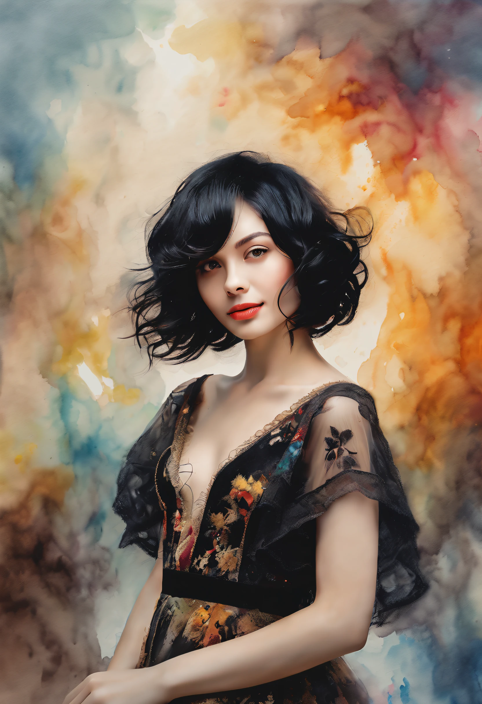 [1.Young attractive girl with a mysterious smile, Cute black messy bob hairstyle, baroque:20]:BG[nebula, Covitation] (in the style of Slawomir-Maniak), Lush watercolor palette canvas/acrylic, Intricate, extreme hight detail, Complex key, ((Single Shot)), ((Best Quality)), ((Masterpiece)) , ( (Realistic)), (IDEAL), 8K, impressionism: 0.2 Обои Full HD