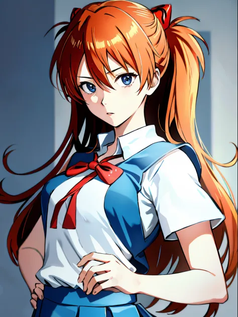 (masutepiece, Best Quality, Detailed), 1girl in, Solo, Souryu Asuka Langley, (Blue school uniform:1.3), White Y-shirt, free pose...