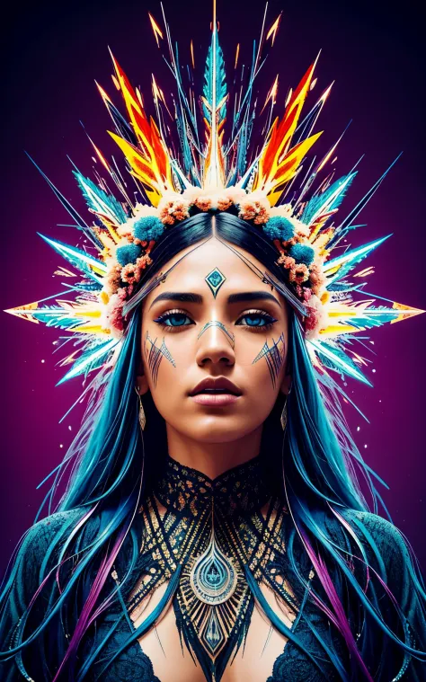 ultra-detailed artistic abstract beautiful indigenous woman with long black hair, magic with bioluminescent filigree, geometric ...