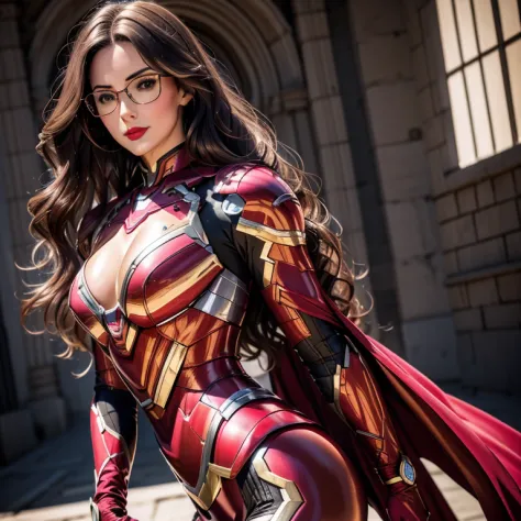 a hyper realistic, 25 Year Old Detailed Mature Woman, cheveux noirs, Long Wavy Hair , red lips, lunettes, Costume Ironman , WarM...
