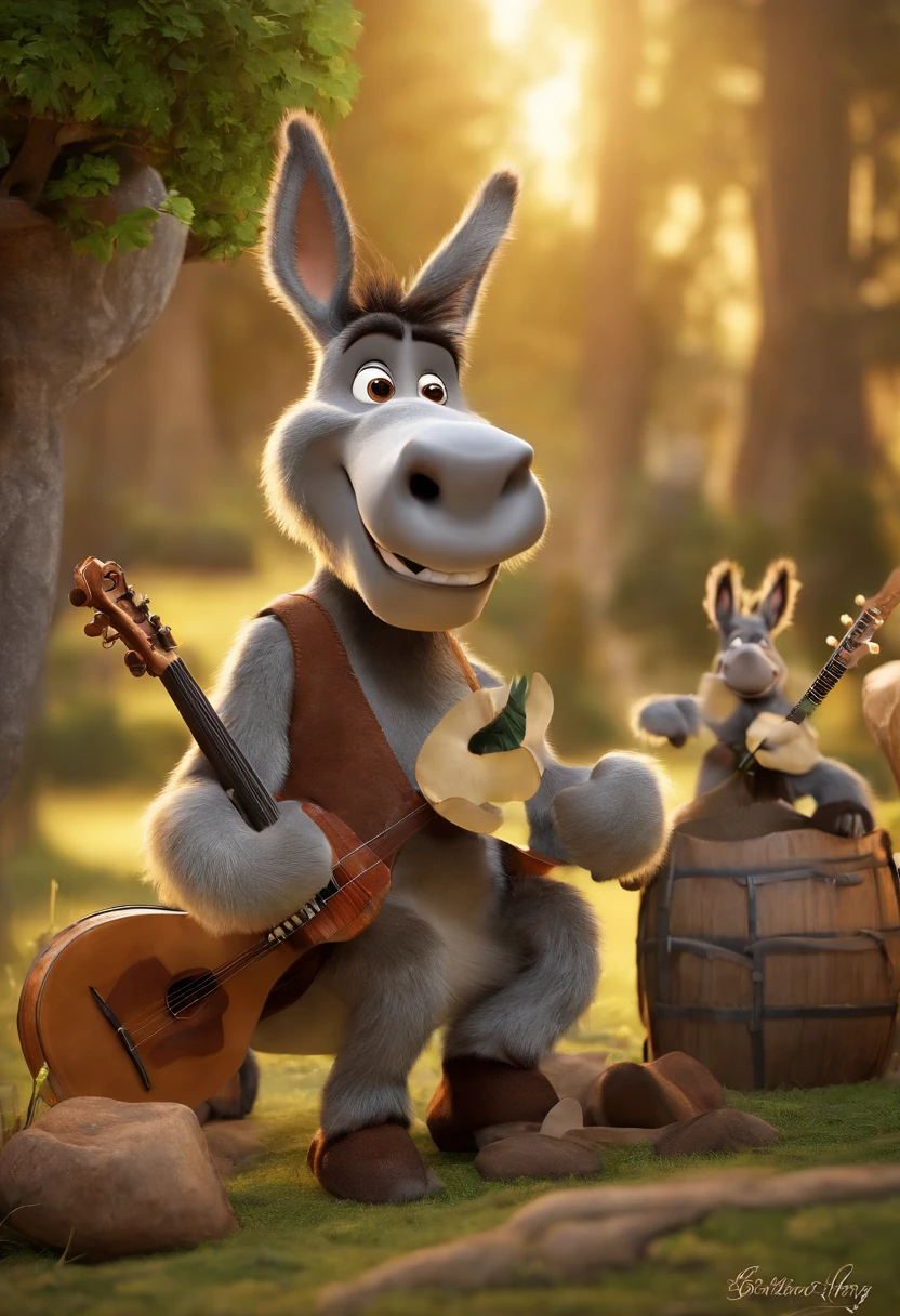 Donkey with guitar and other animals in a forest - SeaArt AI