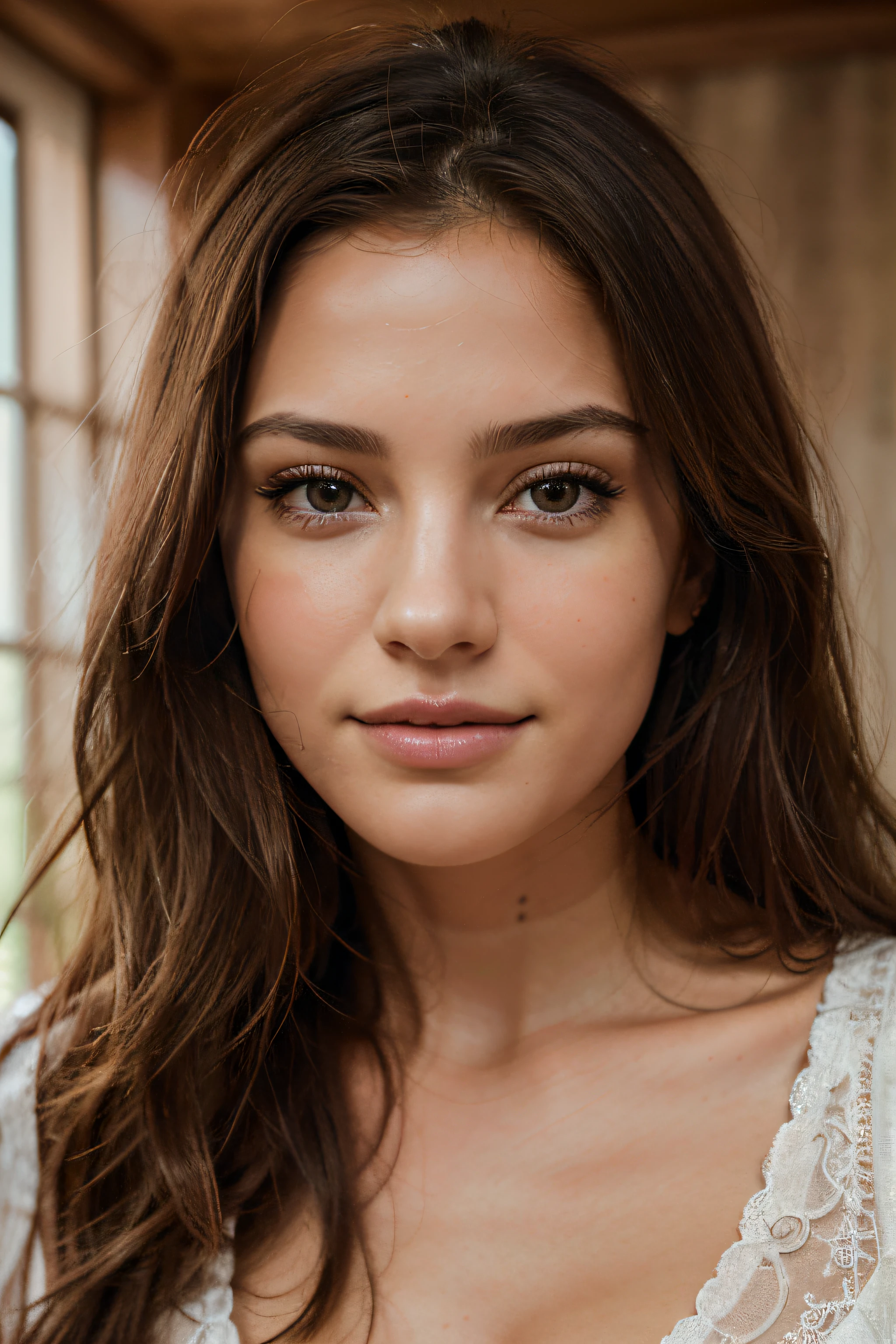 A close up of a woman with long hair wearing a white dress - SeaArt AI