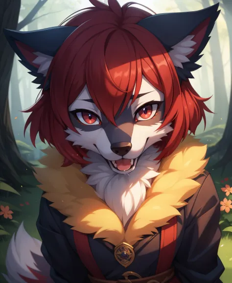 araffe with red hair and a furry tail in the woods, very very beautiful furry art, dramatic cinematic detailed fur, furry art, f...