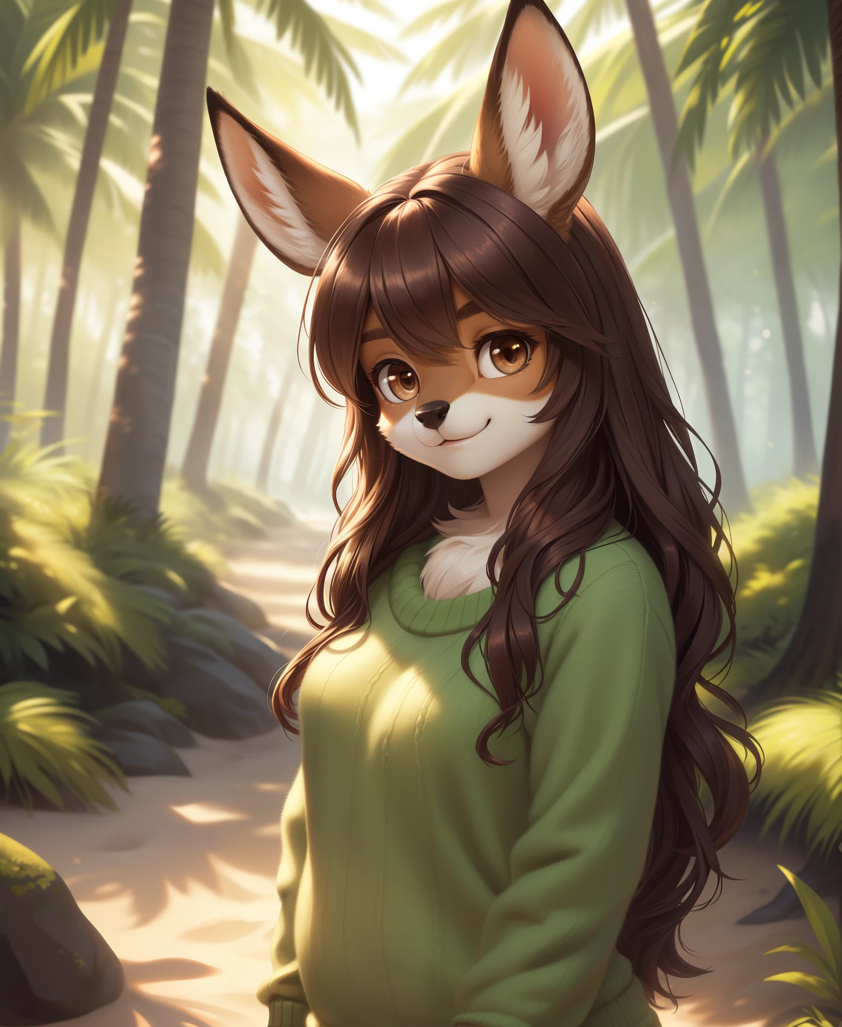 Masterpiece, a deer, furry, in a beach forest, uploaded on e621, ((by Silverfox5213)), (deer Vintage body), Gotten up, solo (Biped furry:1.4), ((deer female with Green sweater and Brown eyes, check tuft, little horns)), (detailed deer), Fluffy long hair (very long hair very fluffy ) ((dark brown wavy hair)), beige body, ((detailed fluffy fur)), (full-length portrait, looking at viewer), (beach grass), smile deer, chubby, BREAK, (detailed background, depth of field, half body shadow, sunlight, ambient light on the body), (masterpiece, best quality, ultra realistic, 4k, 2k, (intricate:0.9), (high detail:1.4), film photography, (soft focus:1.2), face beautiful RAW photo, photorealistic, analog style, subsurface scattering, photorealism, absurd res), Beautiful eyes