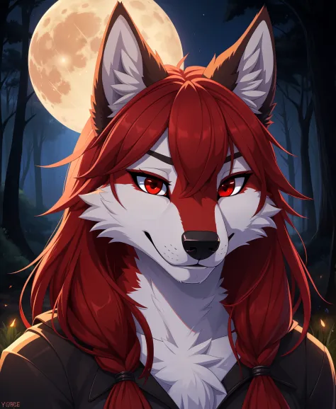master_piece, high_resolution, high_res, portrait, wolf, female, furry,  bright_red_eyes, woods, full_moon, looking_at_viewer, y...