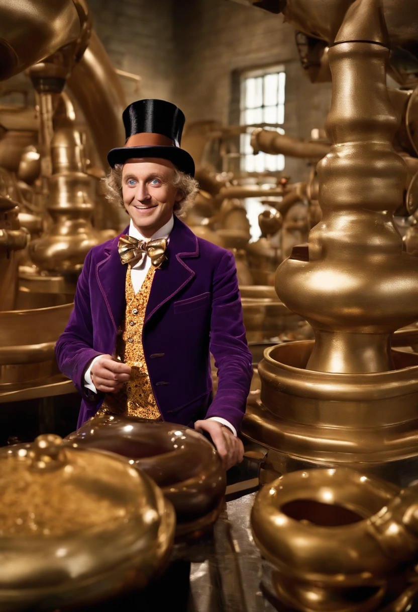 Arafed man in a purple suit and top hat standing in a room full of gold ...