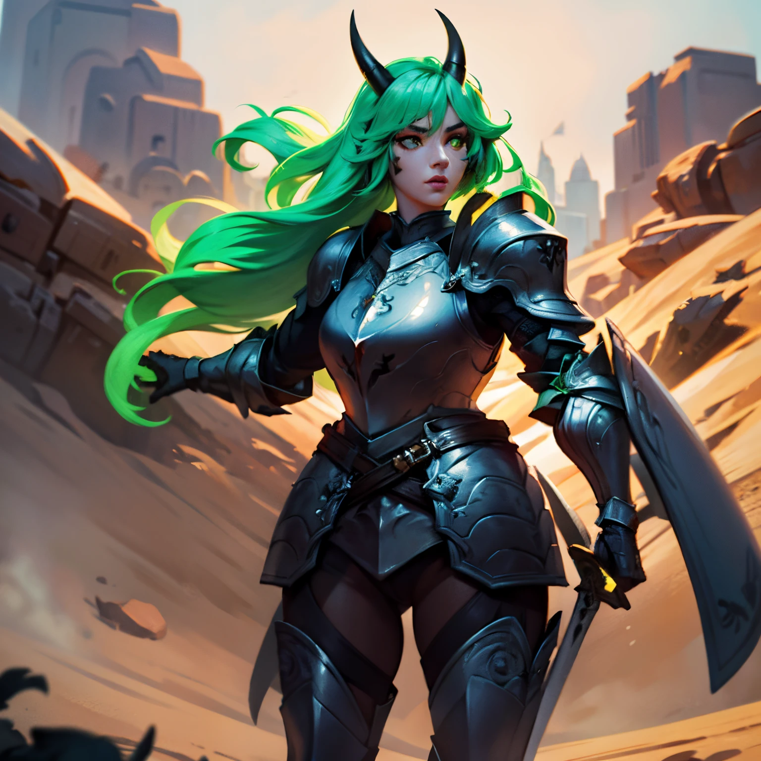 1 person, female, full body, glowing eyes, green hair color, green scale color, Ultra-detailed face, Highly Detailed Lips, Detailed Eyes, horns, standing up, wearing armor, wielding sword, in a desert
