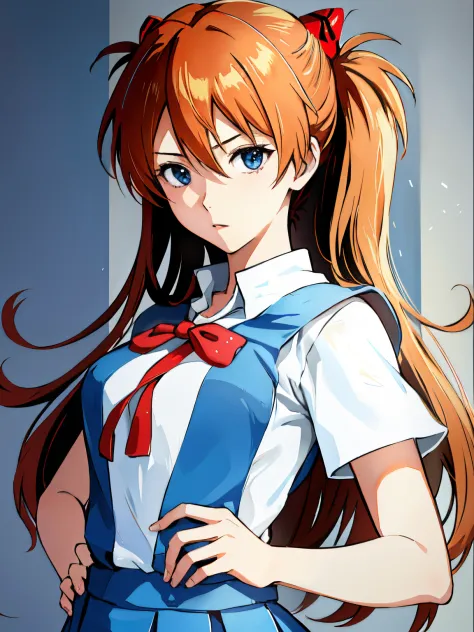 (masutepiece, Best Quality, Detailed), 1girl in, Solo, Souryu Asuka Langley, (Blue school uniform:1.3), White Y-shirt, free pose...