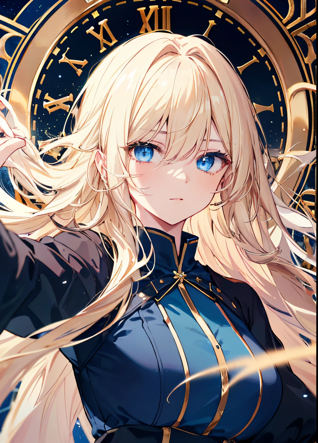 Elegant anime female characters, gold blond hair, very long straight hair, extremely attractive eyes, blue medieval sorcerer and aristocratic costumes, cinematic lighting effects, large aperture portrait, dynamic pose, golden ratio, rich details, deep blue eyes, clock in right eye, detached hair