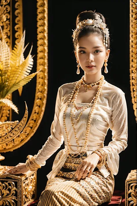 MMTD BURMESE PATTERNED TRADITIONAL DRESS WEAR BEAUTIFUL queen,WEAR PEARL NECKLACES AND GOLD BRACELETS,FULL BODY DETAILS BEAUTY, ...