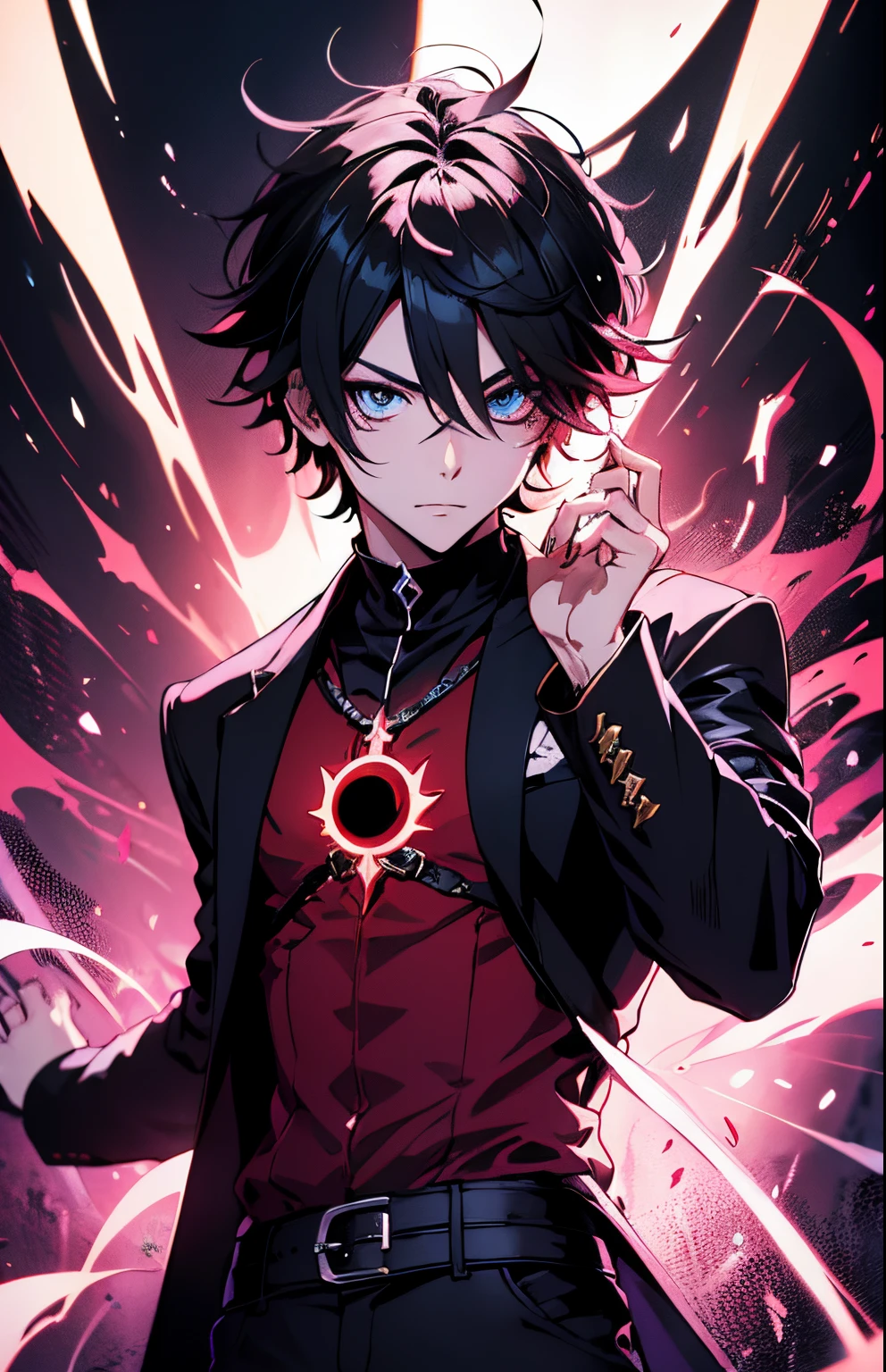 Chico de anime con una luz roja en la mano, joven mago de las sombras, hombre, estilo anime épico, arte clave de anime detallado, estilo shadowverse, anime estilo fantasía, chico demonio, arte clave de anime, héroe demonio