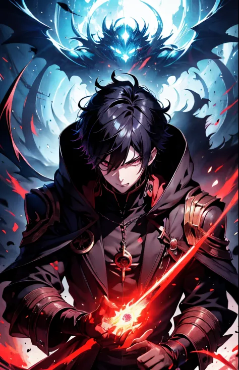 anime boy with a red light in his hand, young shadow wizard man, epic anime style, detailed anime key art, shadowverse style, fa...