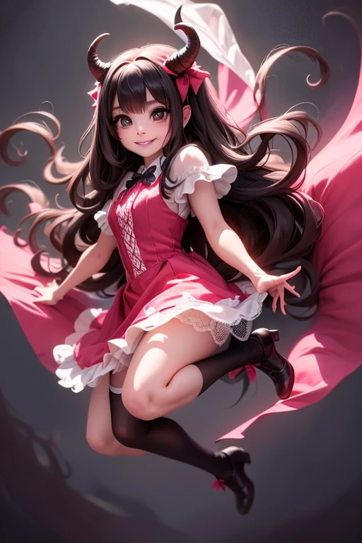 a (horned demon girl) smiling, wearing a lace cloth dress, black hair, red smokey eyes makeup, hair bow, stockings, dramatic magic floating pose, (full body), (((sfw)))