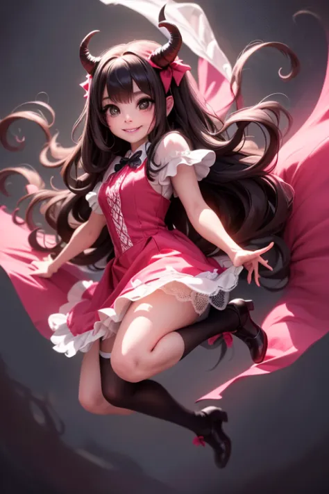 a (horned demon girl) smiling, wearing a lace cloth dress, black hair, red smokey eyes makeup, hair bow, stockings, dramatic mag...