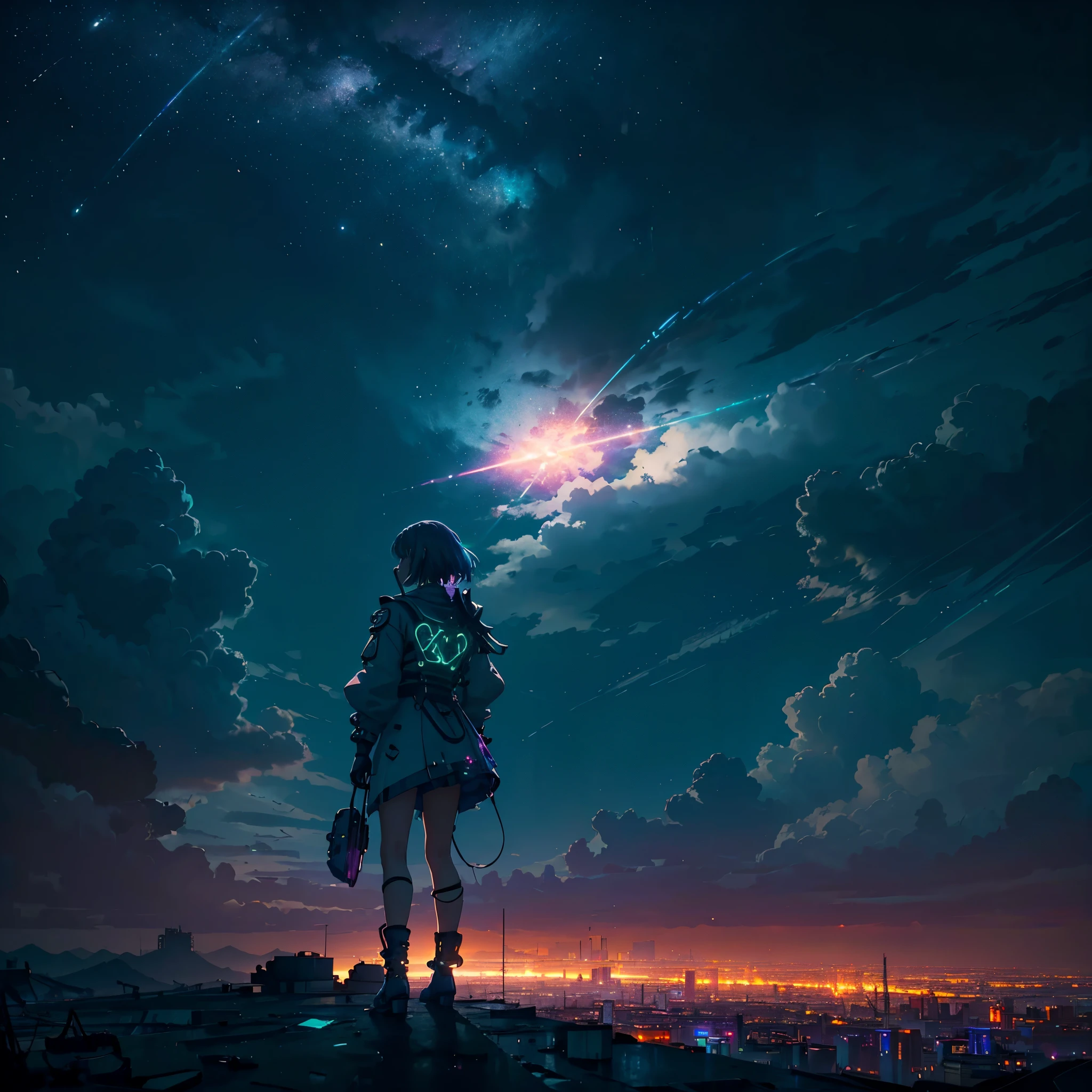 Panoramic photography of expansive landscapes, (View from below with views of the sky and the street below), Cyberpunk girl standing in a dystopian city looking up, Girl on all fours on the floor (take the key: 1.2), (Shooting Star: 0.9), (nebula: 1.3), distant city, tree-breaking production art, (warm light source: 1.2), (neon light: 1.2), lightbulb, purple and orange, intricate details, BREAK lighting volume (first work: 1.2), (sthe highest qualit), 4k, ultra detailed, (dynamic setting: 1.4), Very detailed and colorful details (iridescent: 1.2), (bright illumination, Atmospheric Illumination), Dreamy, magic, (Alone: 1.2), Right now, sex, , hot, lolita, neon accessories