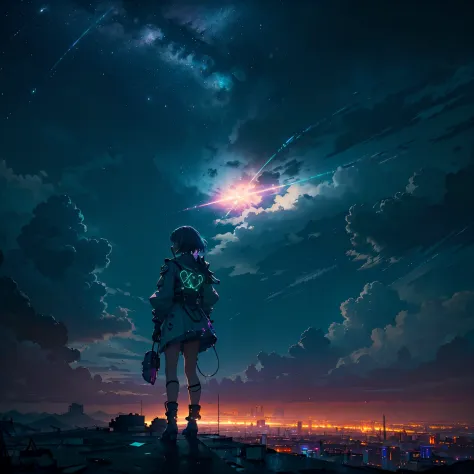 panoramic photography of expansive landscapes, (vista desde abajo con vistas al cielo y la calle de abajo), cyberpunk girl stand...