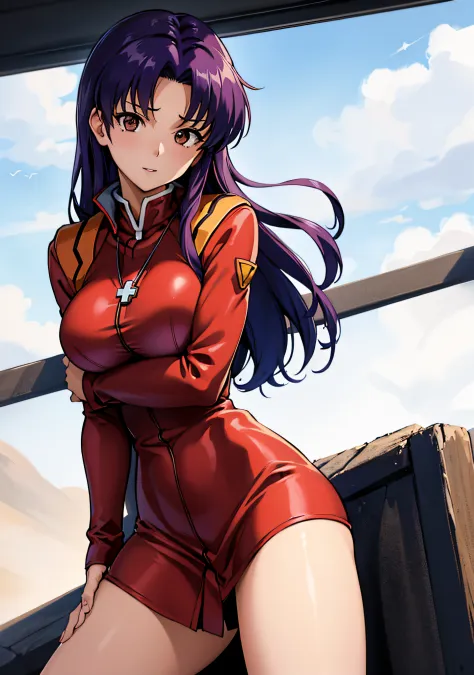 (masutepiece),(Best Quality), Katsuragi Misato,  Brown eyes,  Cross Necklace, High Collar Dresses,  Red jacket, on a bridge, Close, Outside, The Distant Japan Castle, lake, Persistent stare, Sharp eyes, Spread your legs apart、1 female、On the rooftop、room d...