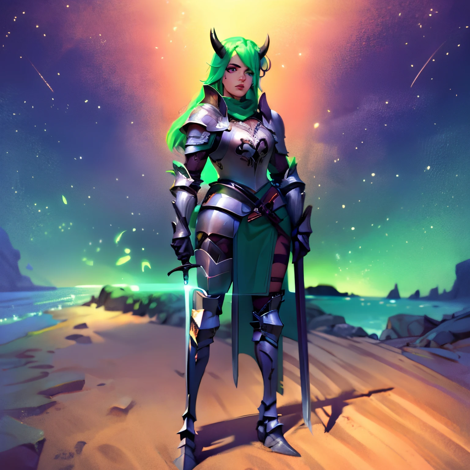 1 person, female, full body, glowing  purple eyes, green hair color, green scale color, Ultra-detailed face, Highly Detailed Lips, Detailed Eyes, horns, standing up, wearing blue colored armor, wielding sword, in a desert, dense scales on face, sparks around mouth