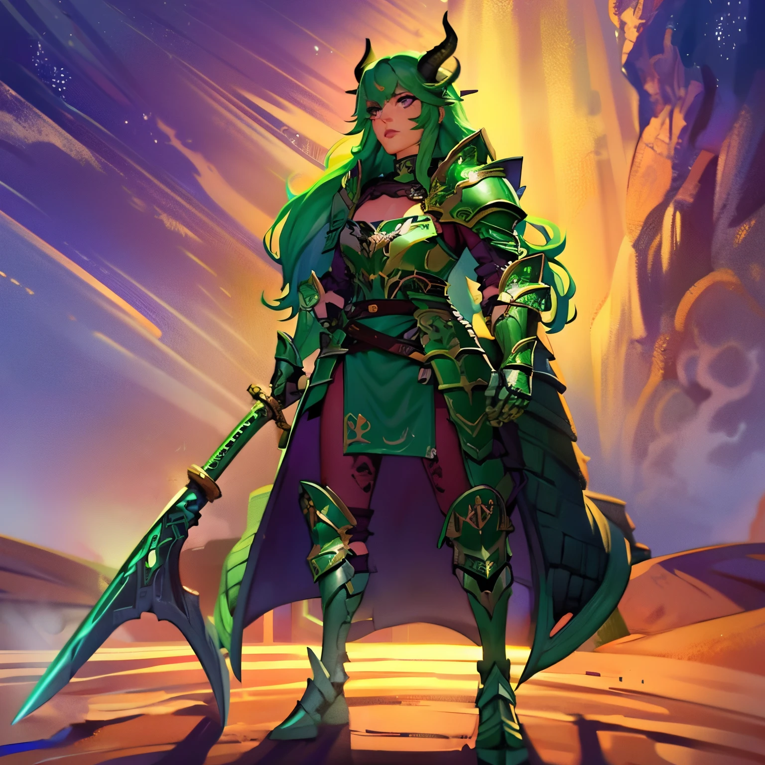 1 person, female, full body, glowing  purple eyes, green hair color, green scale color, Ultra-detailed face, Highly Detailed Lips, Detailed Eyes, dragon horns, standing up, wearing red colored armor, wielding sword, in a desert, dense scales on face, sparks