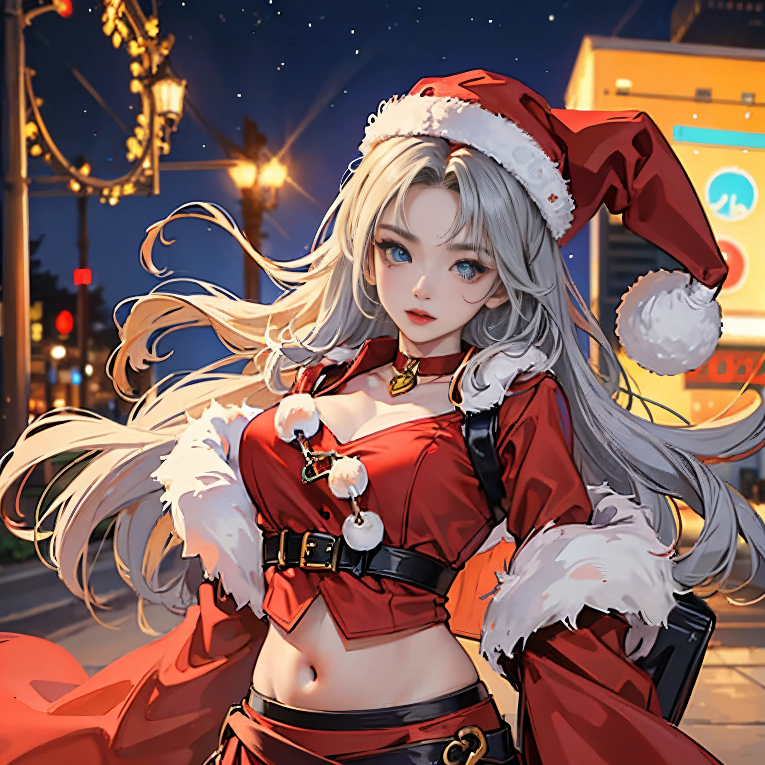 Anime girl in santa outfit with gun in hand on street - SeaArt AI