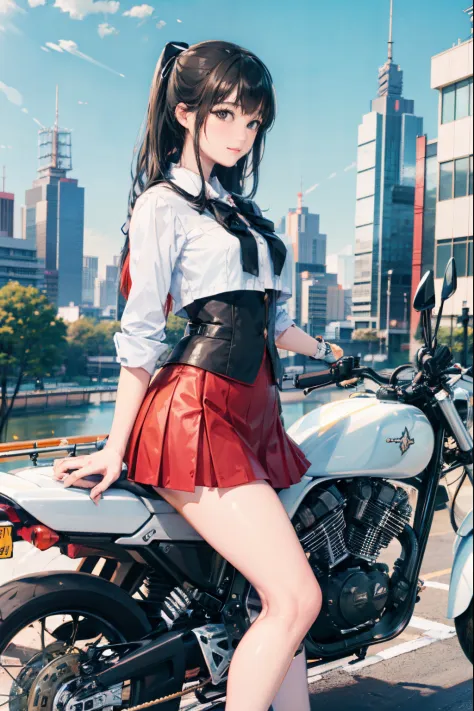 Japan schoolgirl riding motorcycle,a miniskirt、White panty、poneyTail、beautiful thigh、Her knees are up and her white panties are ...