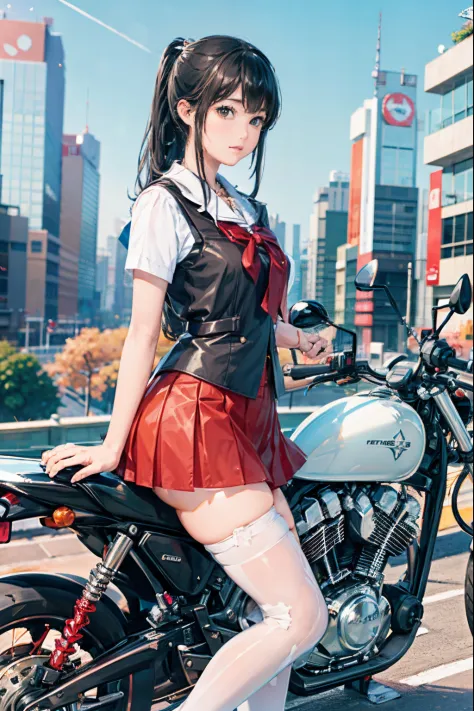 Japan schoolgirl riding motorcycle,a miniskirt、White panty、poneyTail、beautiful thigh、Her knees are up and her white panties are ...