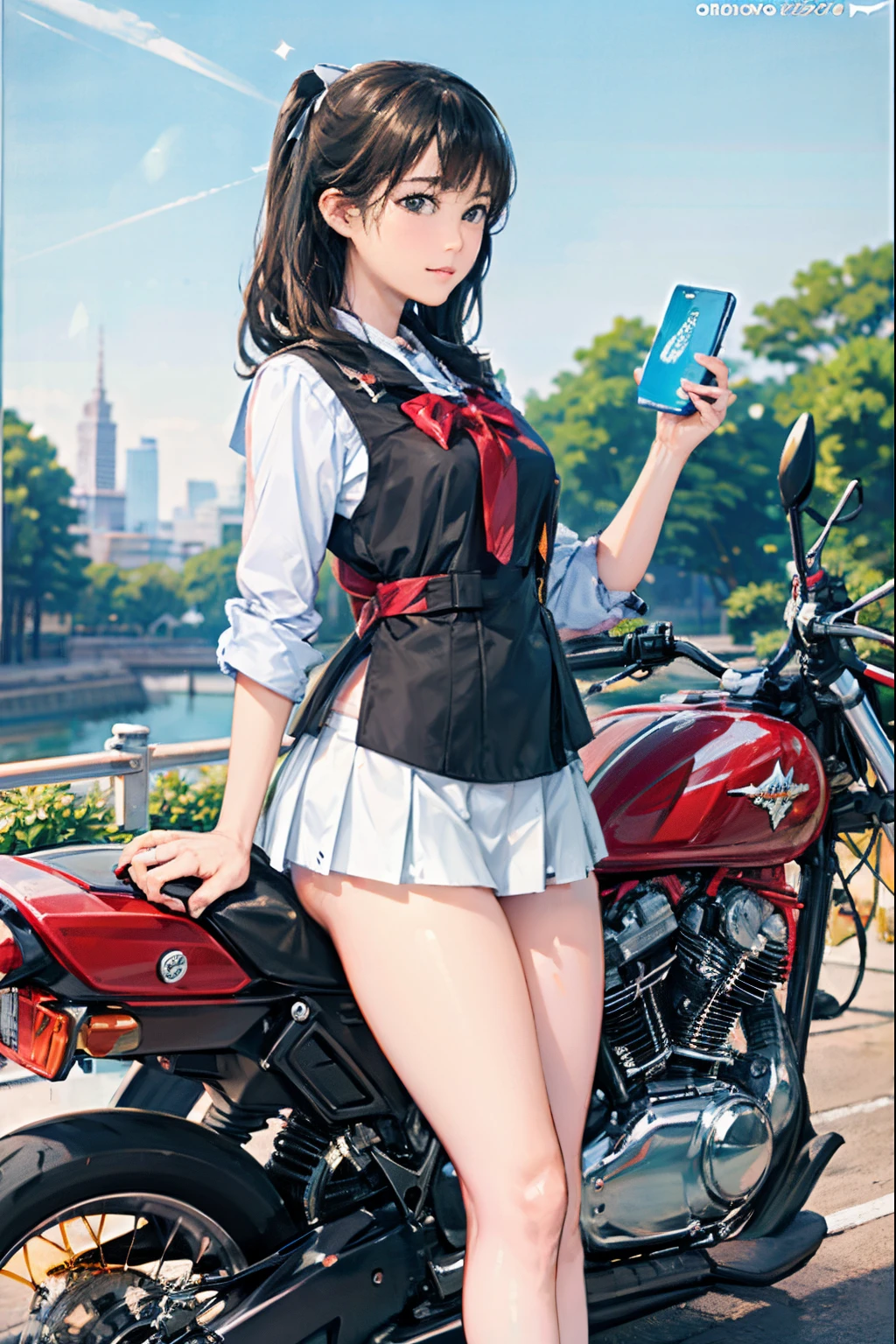 Japan schoolgirl riding motorcycle,a miniskirt、White panty、open legs、show white panties,spread legs,poneyTail、beautiful thigh、her knees are up、I can see white pants.、Beautiful panties、beautiful  Girl、Beautie、Beautie、lolicon hentai、Beautiful panties、beautiful thigh、beautiful  Girl、Beautie、Happy!!!, , motor cycle,[ photos realistic ]!!, hight resolution,