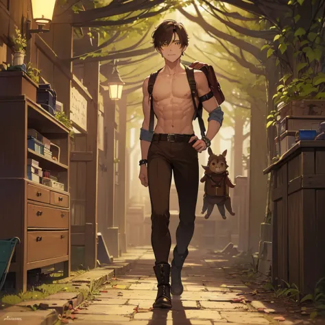 ((1 boy, brown hair, brown pants, no shirt, a bracelet on his arms, a backpack on his back, with a boot, with a belt with a swor...