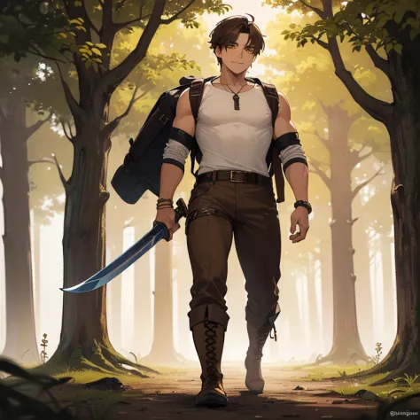 ((1 boy, brown hair, brown pants, no shirt, a bracelet on his arms, a backpack on his back, with a boot, with a belt with a swor...