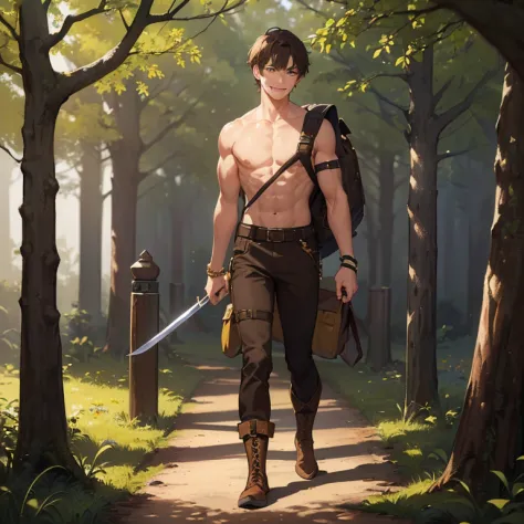 ((1 boy, brown hair, brown pants, no shirt, a bracelet on his arms, a backpack on his back, with a boot, with a belt with a swor...