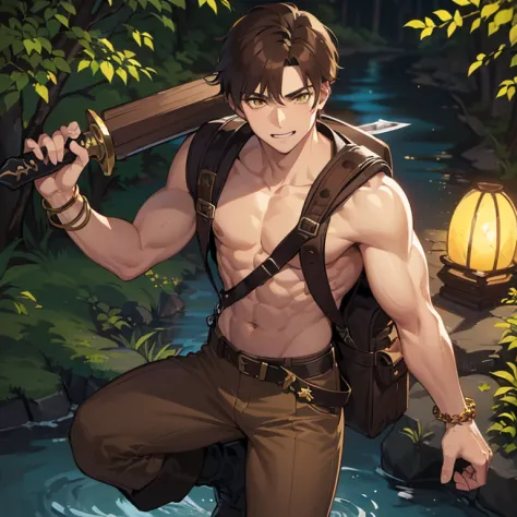 ((1 boy, brown hair, brown pants, no shirt, a bracelet on his arms, a backpack on his back, with a boot, a belt with a sword)), ...