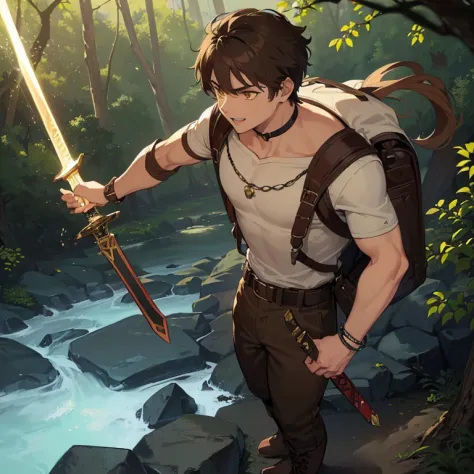 ((1 boy, brown hair, brown pants, no blouse, a bracelet on his arms, a backpack on his back, with a boot, a belt with a sword)),...