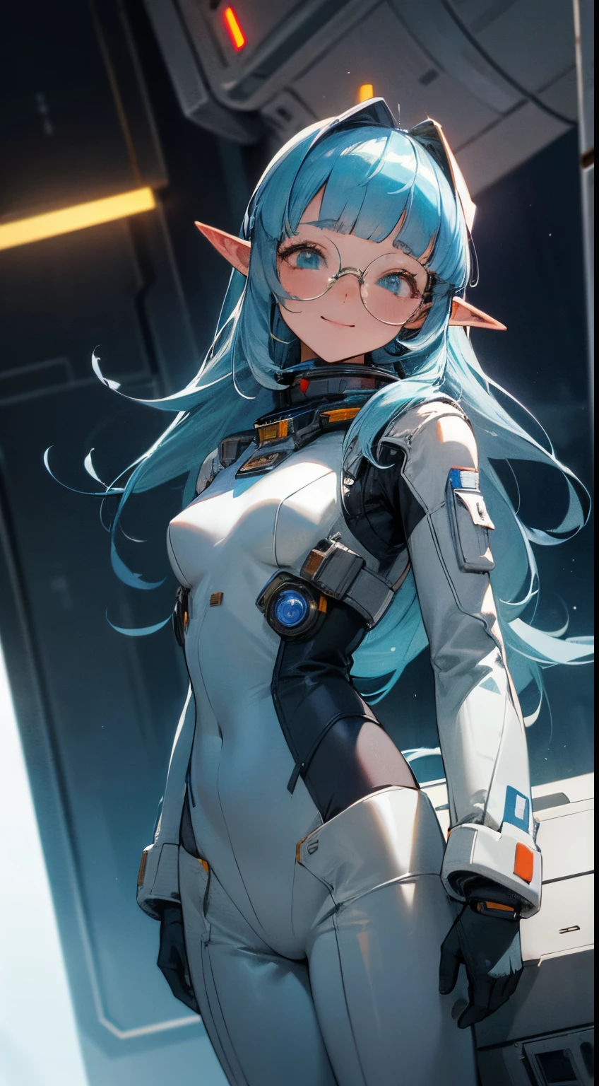 ( masterpiece), best quality, cute elf wearing a astronaut suit, she is standing inside a spache ship, looking and smilling to viewer, blunt bangs, light blue hair, astronaut suit, no_helmet, cute,  happy, beautigul eyes, (beautiful smile), , perfect face,expressive eyes, roud glasses, straight hair, long hair,perfect anatomy,joy BREAK she is inside a spaceship, technological, futuristic,wires, metal elements, beautiful colors,, cinematic, 4k,uhd, highres, absuredes, intricate, perfect lighting, detailed shading, volumetric,