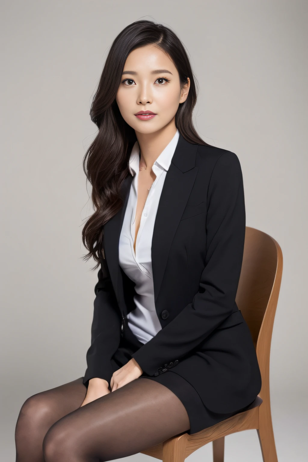 Classy upper-class elite secretary in business shirt, working in an office、Wearing a strict business suit, Wearing pantyhose、Wear high-end high heels、 Girl in a shirt, Wearing a business suit, Wearing a business suit, in a business suit, businesswoman, business clothes, wearing black business suit, Wear shirts and skirts, Woman in business suit, Business attire, business outfit, Raw photo, (8K、top-quality、​masterpiece:1.2)、(intricate detailes:1.4)、(Photorealsitic:1.4)、octane renderings、Complex 3D rendering ultra detail, Studio Soft Light, Rim Lights, vibrant detail, super detailing, realistic skin textures, Detail Face, Beautiful detail eyes, Very detailed CG Unity 16k wallpaper, make - up, (detailedbackground:1.2), Exposed thighs!!!,Sitting chair with legs spread apart,(open leg 1.5).She's showing off her white panties (Expensive lingerie)to the photographer and sitting on the chair with legs spread apart,(open leg 1.5).long hair