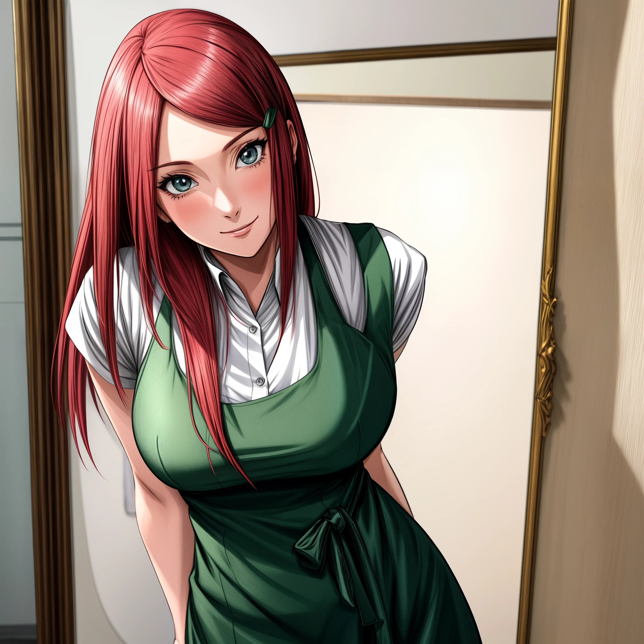 uzumaki_kushina, grande_senos, de pie, solo, kushina_verde_vestido, obra maestra, mejor calidad, cara detallada, ojos detallados, alta resolución, sonrisa, (obra maestra:1.4, mejor calidad:1.2), (alta resolución), (Ilustración detallada), ultra detallado, konohagakure, uzumaki_kushina, kushina_verde_vestido, de pie straight, enfoque culo