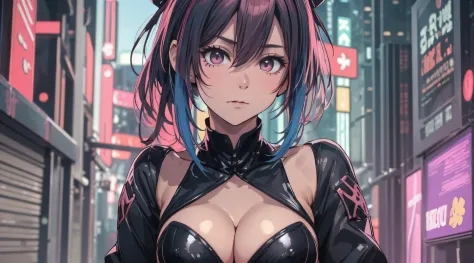 Sareme、((Beautiful villain lover in pink and black bunny suit 1.3))、((NSFW))、Asymmetrical ultra-short hair,、cleavage of the breast、a matural female、Very boyish and cool、sky blue hair,Red inner hair、Bedroom with cyberpunk night view、Great lighting、Small eye...