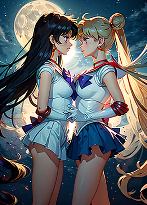 Sailor Moon and sailor mars are standing face-to-face on a reflective surface with the bright white moon visible in the distant sky. they are kissing. they are both wearing reflective black-latex sailor scout uniform with a schoolgirl-collar trim, with a p...