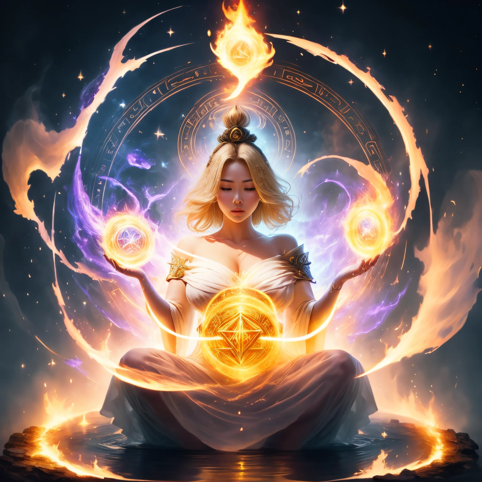 Immortal Asian goddess, super beautiful, 8k, large breasts, meditating, light white cloth covering part of her body, bare shoulders, billowing blonde hair, sitting cross-legged, golden glowing magic circle rotating behind her, magical aura surrounding her parts, magical, fantasy, stars background, (4 elements, fire, water, wind, earth, surround it),