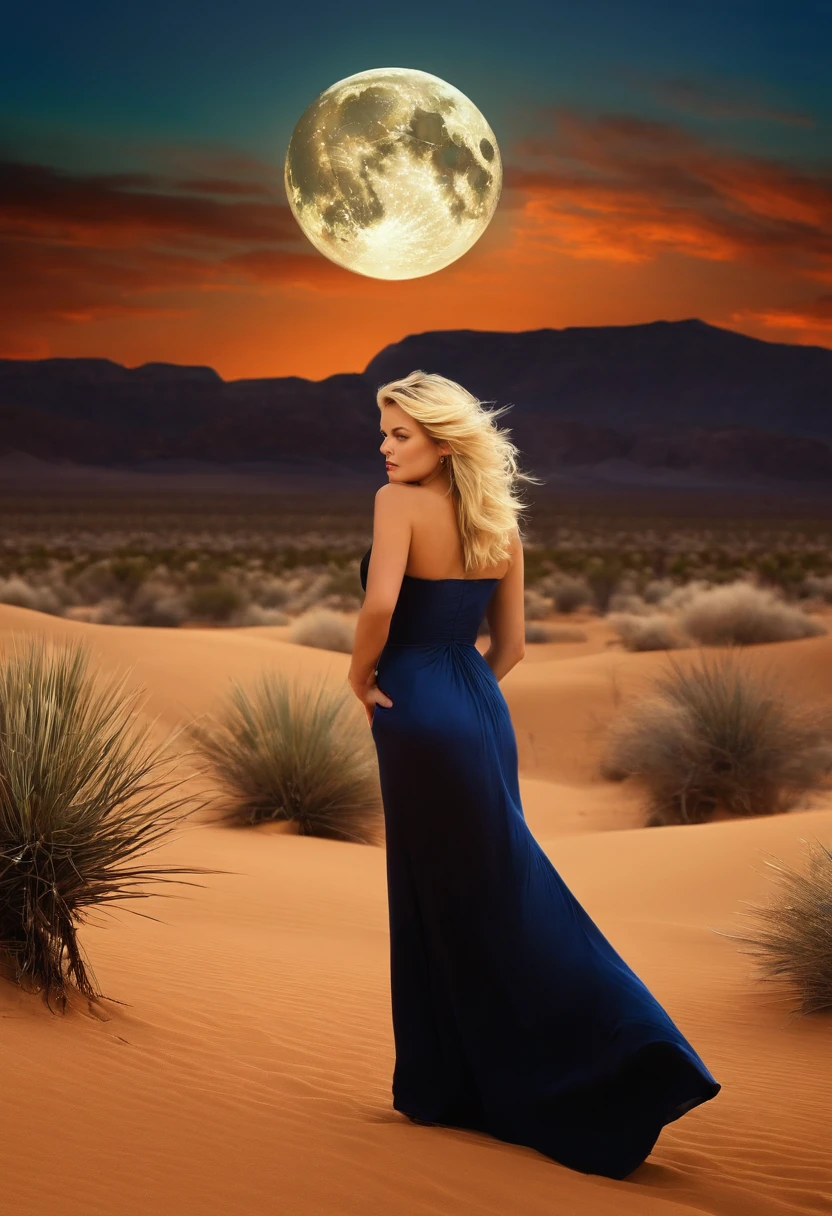 A woman in a blue dress standing in the desert with a full moon - SeaArt AI