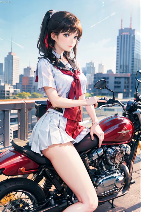 japan schoolgirl riding motorcycle,a miniskirt、white panty、open legs、show white panties,spread legs,poneytail、beautiful thigh、he...