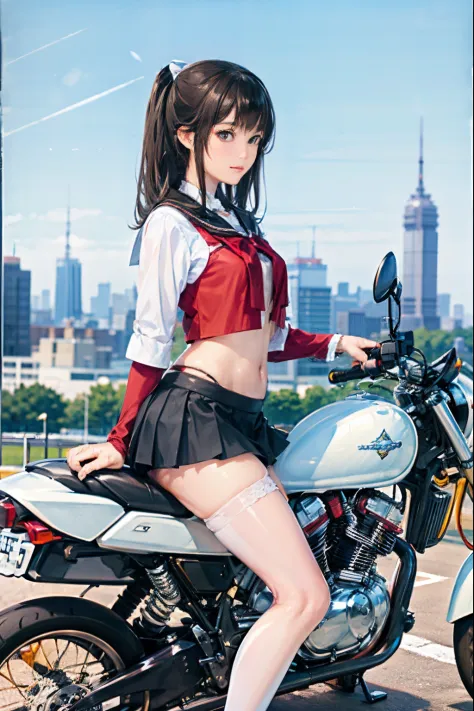 japan schoolgirl riding motorcycle,a miniskirt、white panty、open legs、show white panties,spread legs,poneytail、beautiful thigh、he...