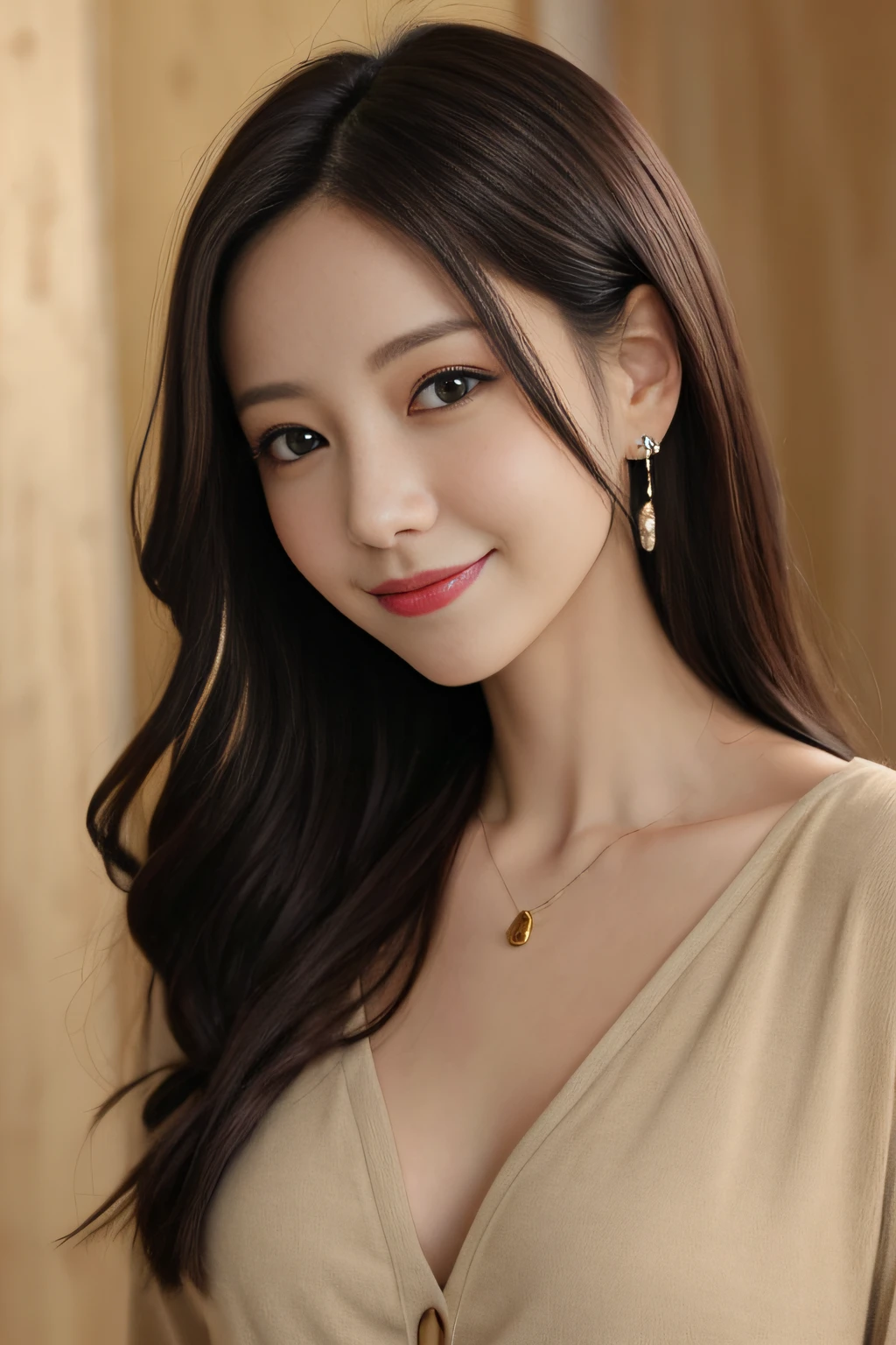 A woman with long hair wearing a tan top and earrings - SeaArt AI