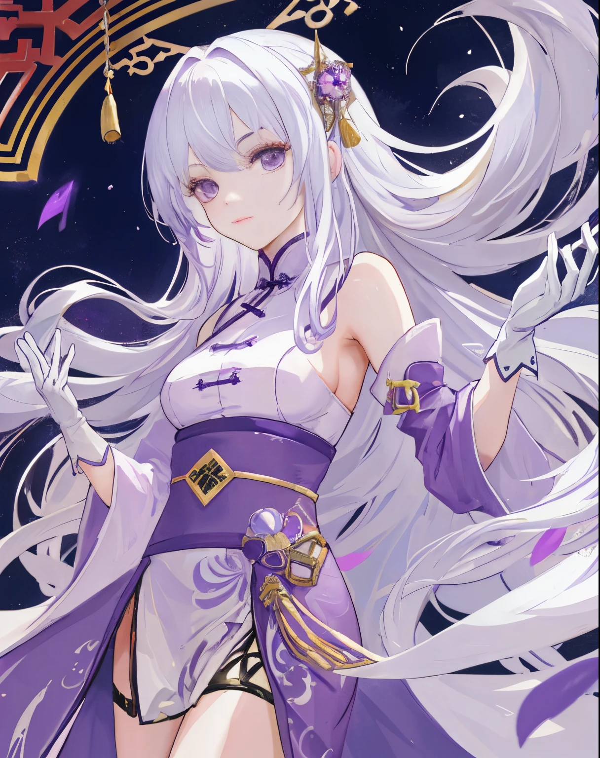 Two-dimensional painting style，24-year-old woman，，Long white hair，put on purple robe，Long white gloves are worn on the elbows(Must be above the elbow)，Chinese style architecture
