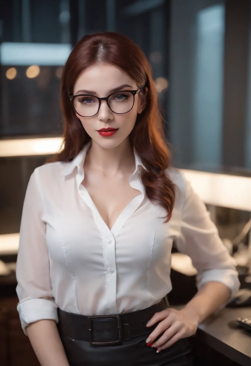 A woman in glasses standing in a kitchen next to a counter - SeaArt AI